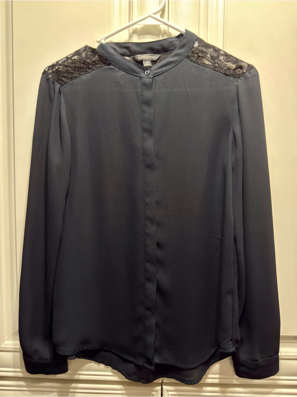 Banana Republic Dark Navy With Black Lace-Trim Mandarin Collar Blouse